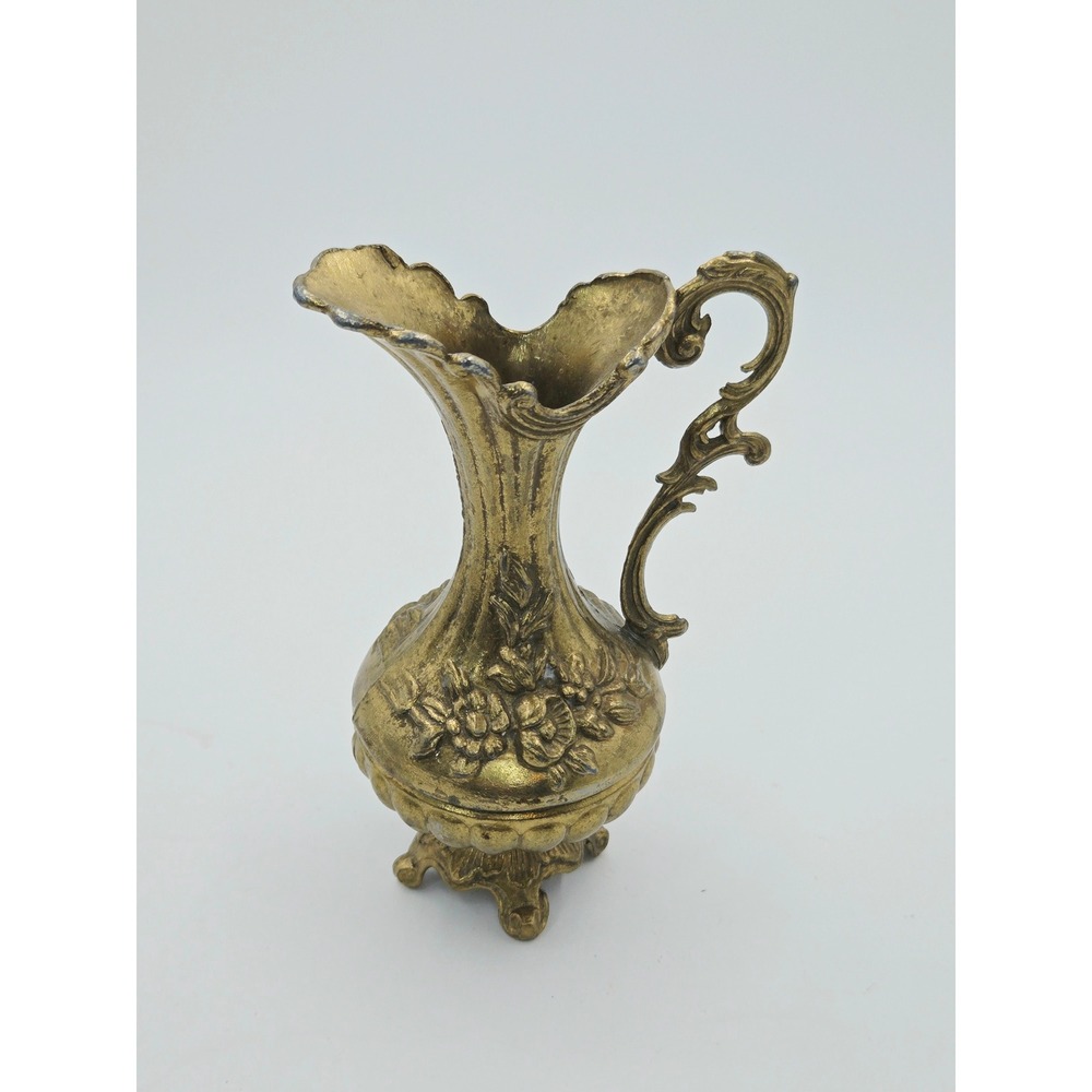 Vintage Brass Mini 4in Footed Raised Floral Vase Pitcher with Etchings Italy